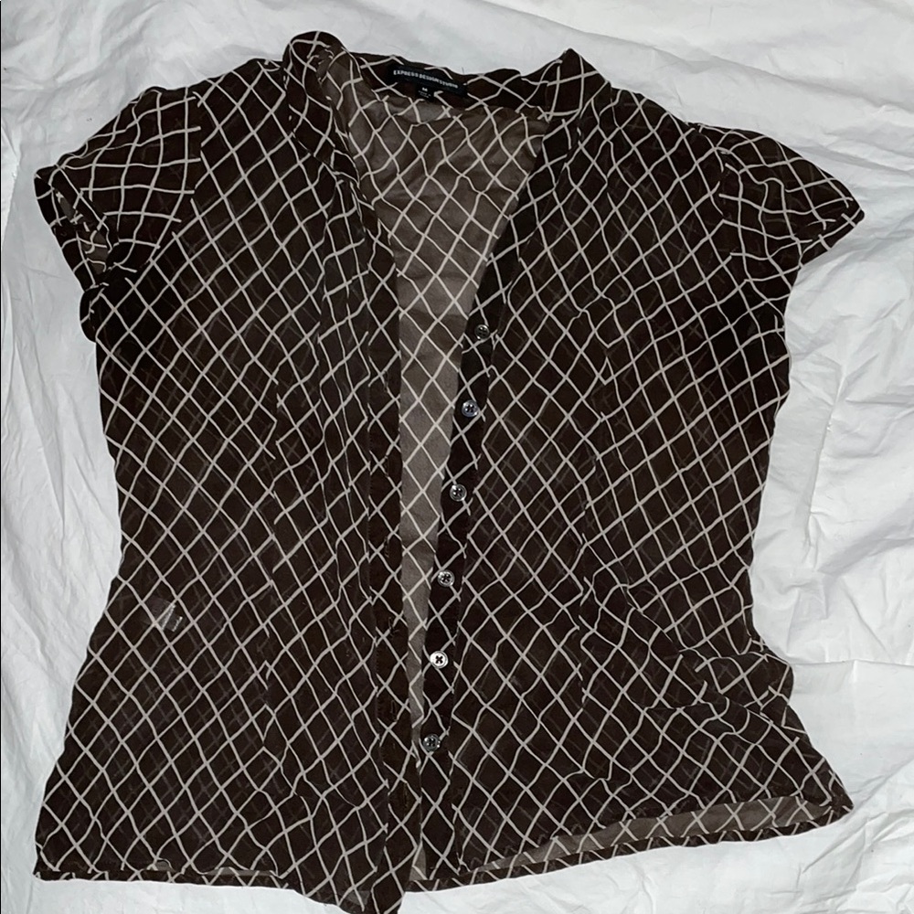 Express Brown Fitted Button Down Shirt with Mandarin Collar